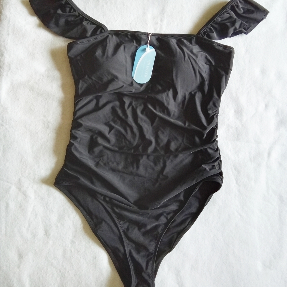 women's Ruffle Sleeve Black One Piece Swimsuit